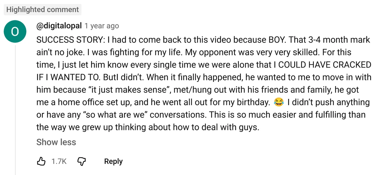 YouTube comment by @digitalopal: SUCCESS STORY: I had to come back to this video because BOY. That 3-4 month mark ain’t no joke. I was fighting for my li