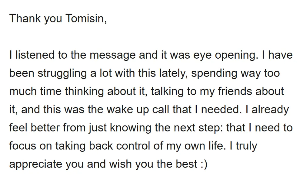 Real email from Reema, thanking Tomisin for his private advice (email address hidden)