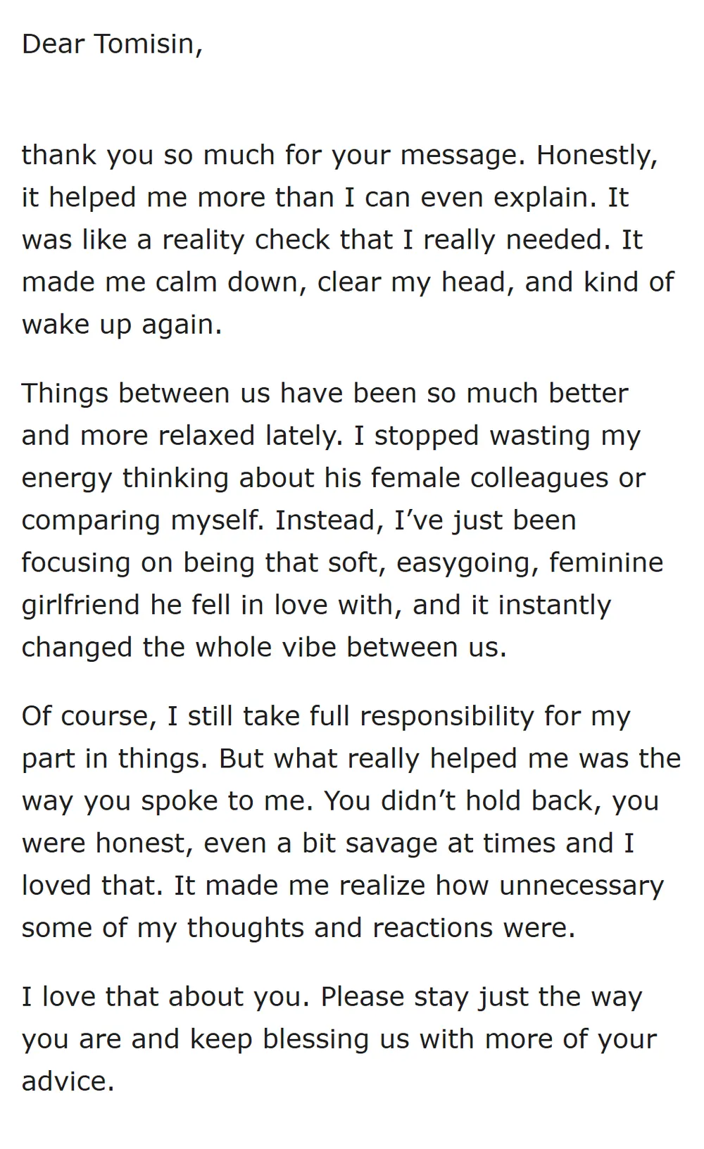 Real email from Mariam, thanking Tomisin for his private advice (email address hidden)