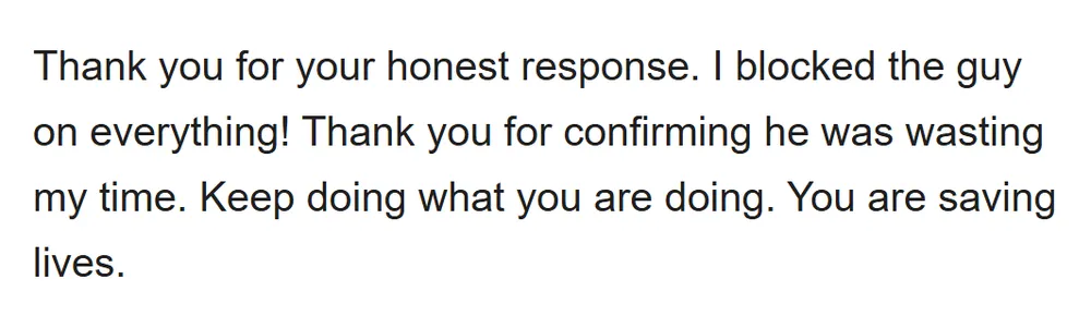 Real email from Karlita, thanking Tomisin for his private advice (email address hidden)