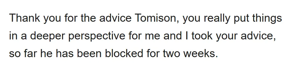Real email from Brelynn, thanking Tomisin for his private advice (email address hidden)