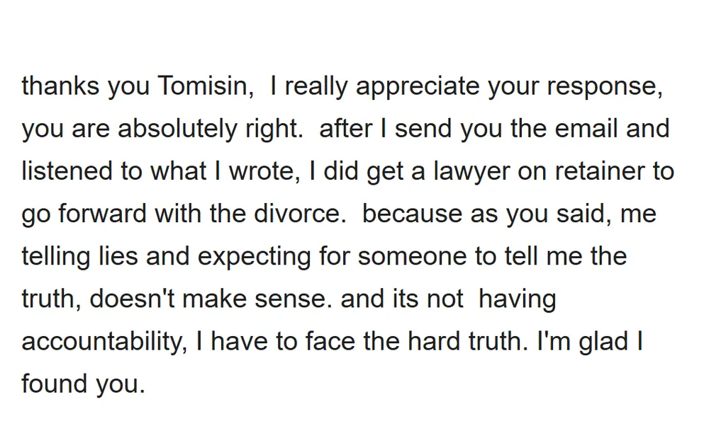 Real email from Rosemary, thanking Tomisin for his private advice (email address hidden)