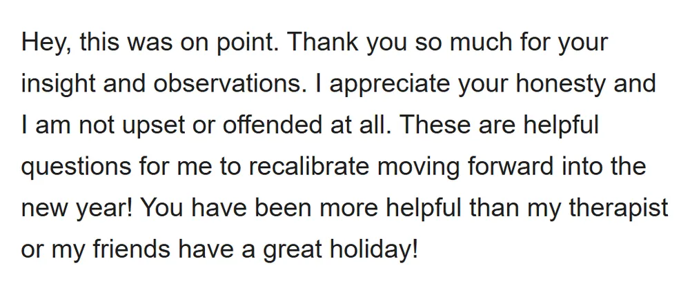Real email from Melissa, thanking Tomisin for his private advice (email address hidden)
