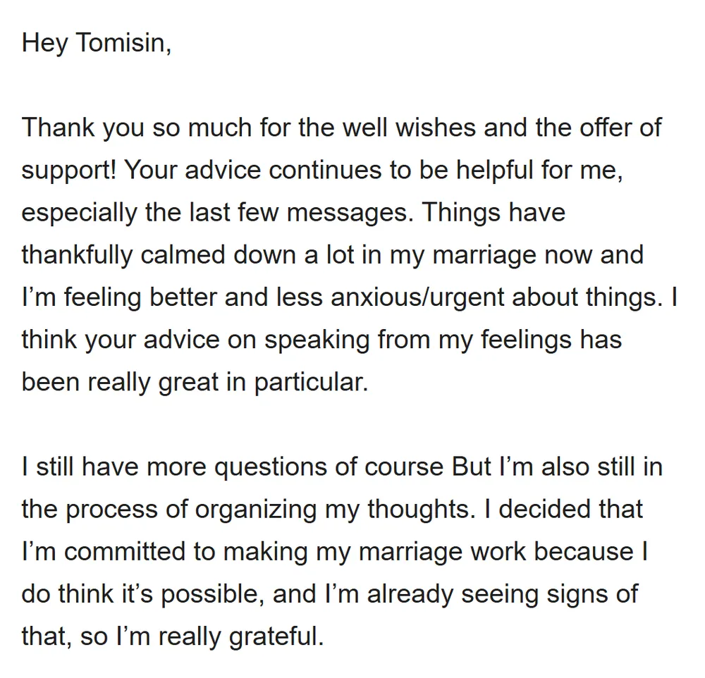 Real email from Chelsea, thanking Tomisin for his private advice (email address hidden)