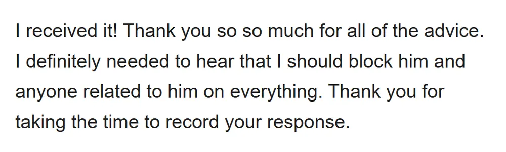 Real email from Emily, thanking Tomisin for his private advice (email address hidden)