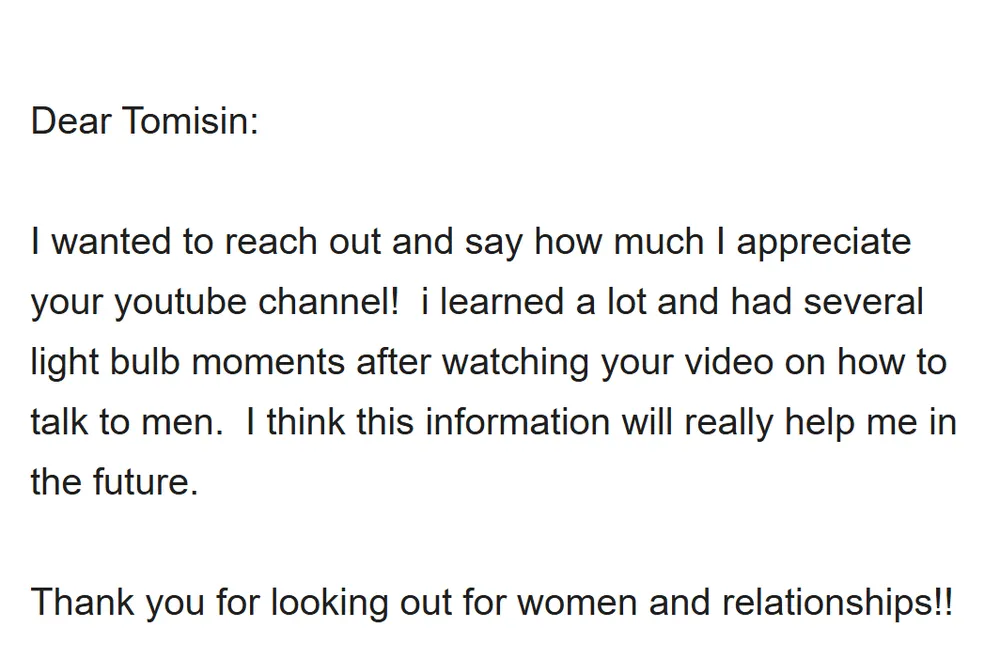 Real email from Grace, thanking Tomisin for his private advice (email address hidden)
