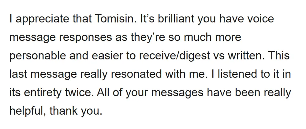 Real email from Shan, thanking Tomisin for his private advice (email address hidden)