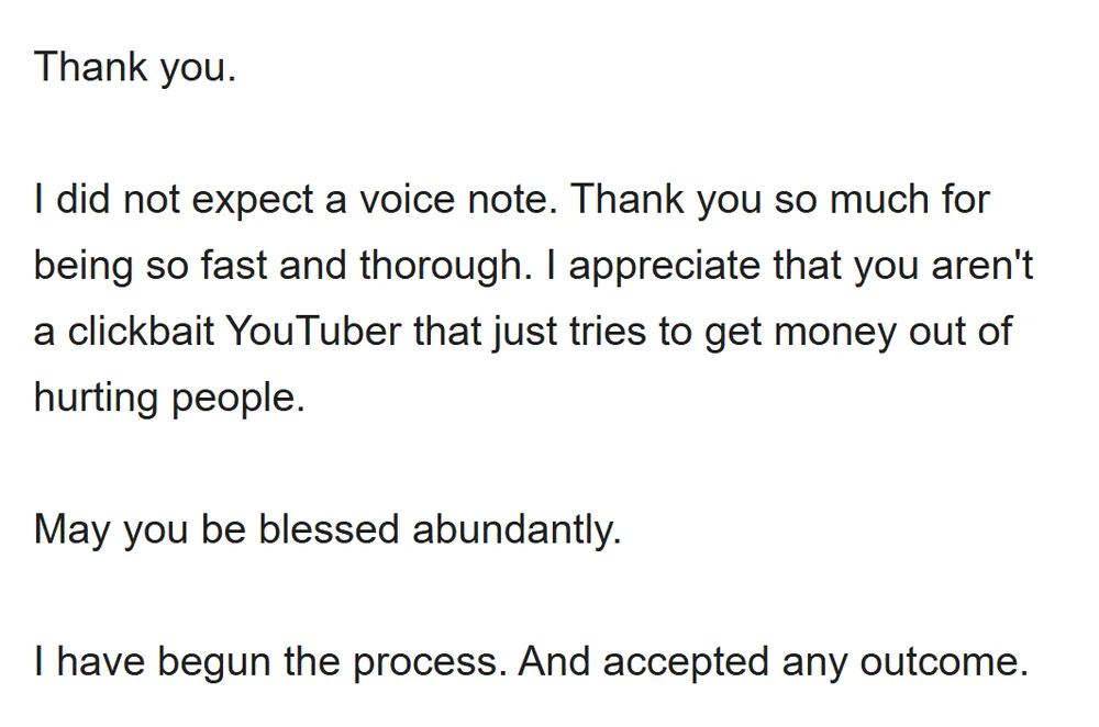 Real email from Thewatchwoma, thanking Tomisin for his private advice (email address hidden)
