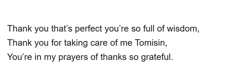 Real email from Lauren, thanking Tomisin for his private advice (email address hidden)