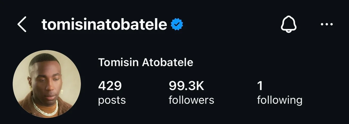 Tomisin's real Instagram profile (@tomisinatobatele), showing 99.3K followers