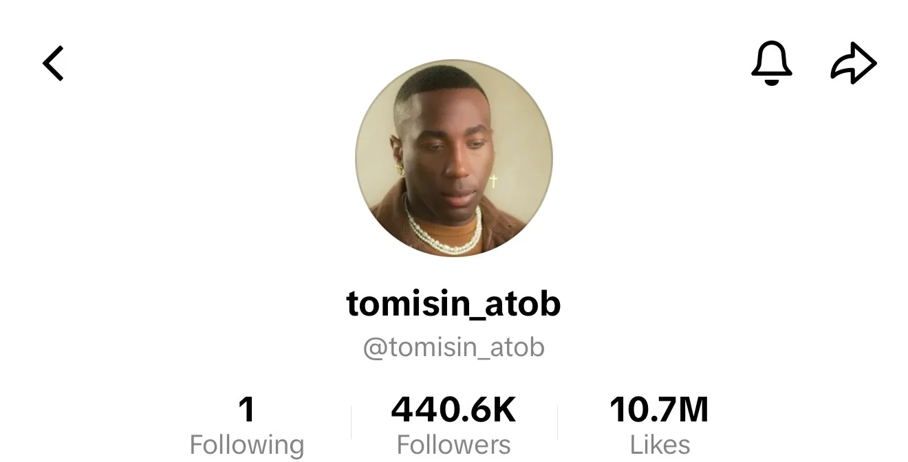 Tomisin's real TikTok profile (@tomisin_atob), showing 440.6K followers